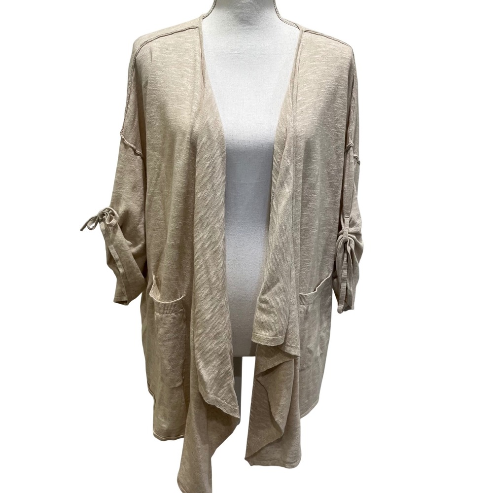 Gudrun Sjoden Cardigan Women XL Linen Cotton Beige Draped Open Front Lagenlook